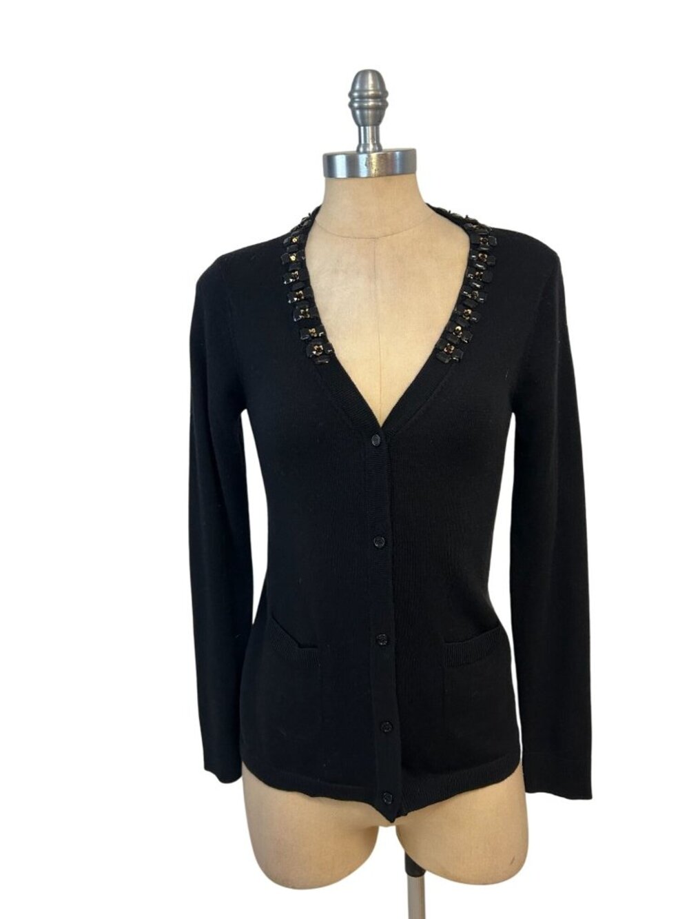 Kate Spade Eryn Black Embellished Cardigan Sweater Wool Medium